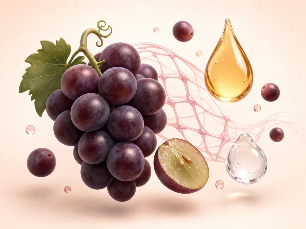 Ingredientes de Glowy Care: extracto de uva Vitis Vinifera, vitamina E y glicerina sobre fondo crema